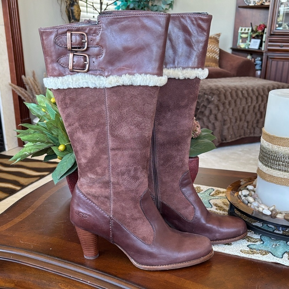 UGG Raya Brown Suede Leather Shearling Sheepskin Trim Wood Heel Tall Boots